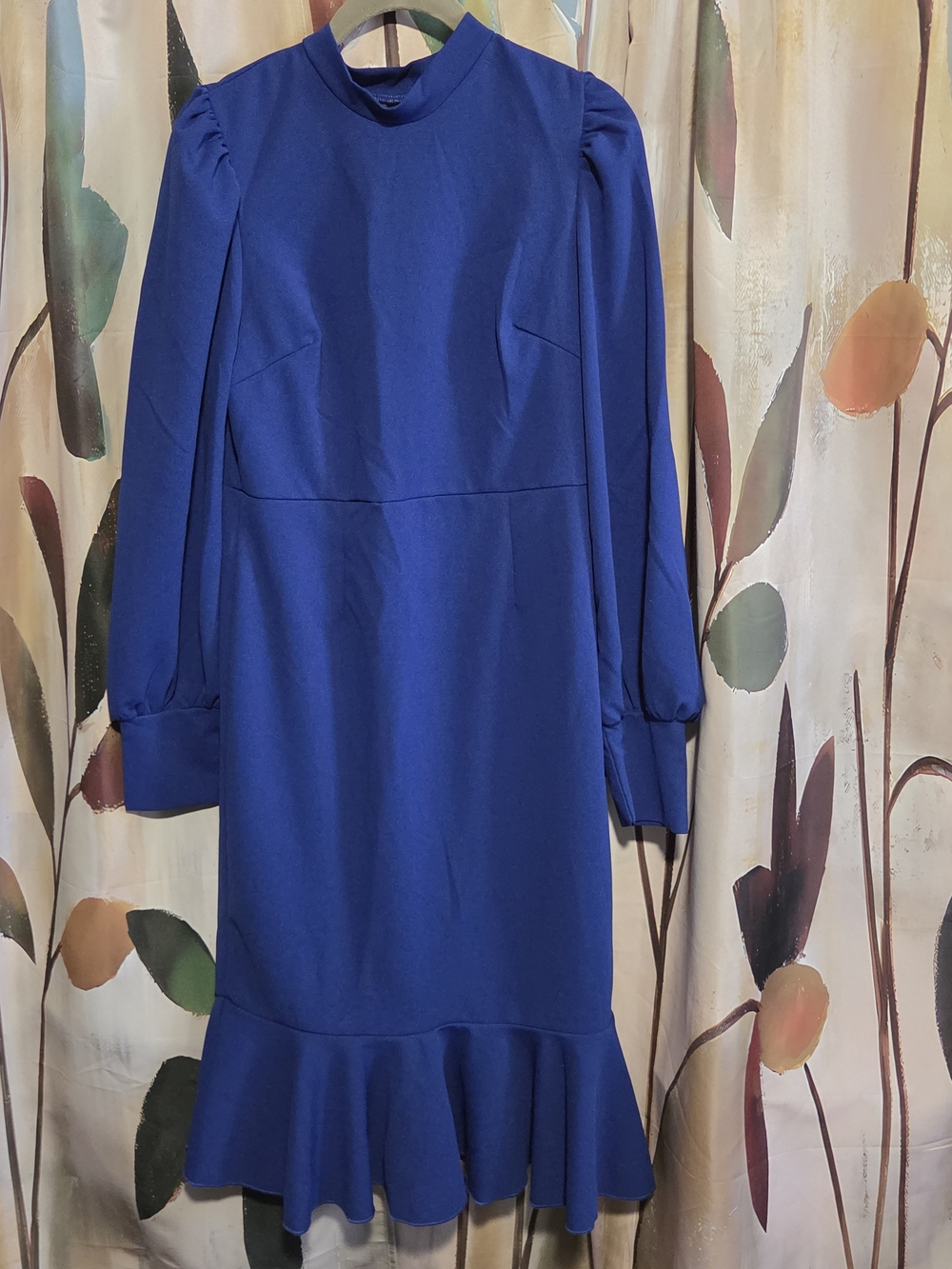 SHEIN Royal Blue Long-Sleeve Puff Shoulder Ruffle-Hem Dress